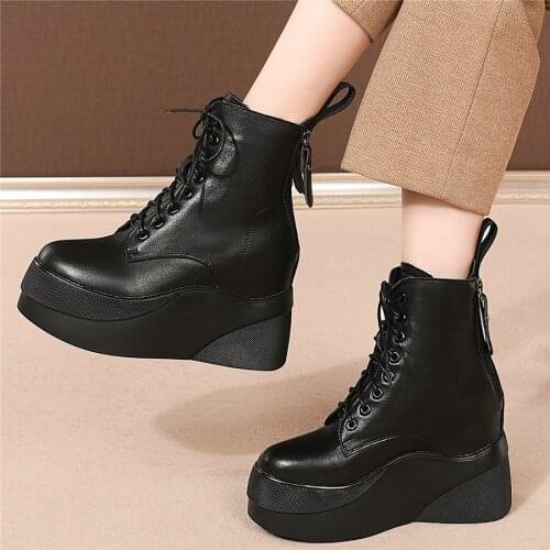 Platform Wedges Ankle Boots Women Genuine Leather High Heel Pumps Shoes Female High Top Round Toe Fashion Sneakers Casual Shoes
