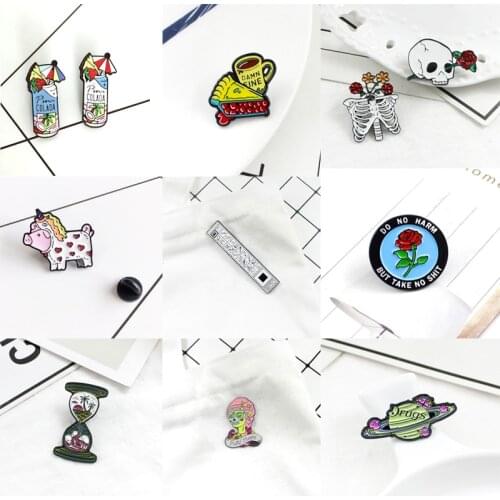 Hawaii drink pizza coffee skull flower rose pig unicorn drawing tool round brooch Combination gift for woman child