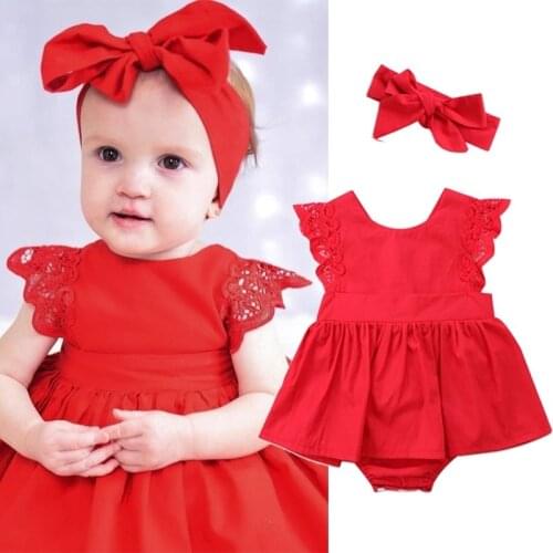 Wholesale Summer Newborn Baby Girls Rompers Headband 2pcs Solid Ruffle Sleeveless Cotton Jumpsuits 0-24M