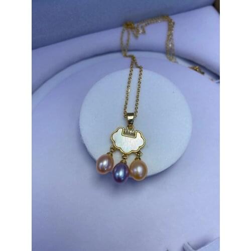 MADALENA SARARA Freshwater Pearl 7-8mm Rice Pearl Pendant Women Necklace Shell Inlay Cloud Shape Style