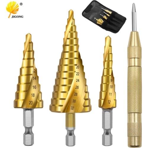 4pcs Spiral Groove Pagoda Hole Milling Cutter 4-32mm HSS Steel Cone Drill Bit Set Step Drill with 1pc Center Punch