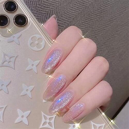 24pcs fake nails with glue designed Kyanite cats eye extended round head falis nails Manicure patch