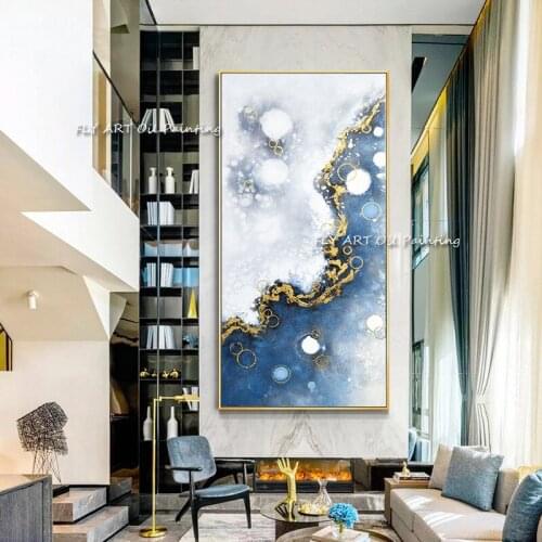 New Handmade Modern Abstract Blue Gold Painting Canvas Painting Living Room Home Decoration Painted By Skill Artist