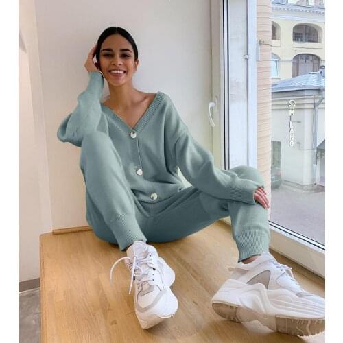New European and American Womens Lazy Cardigan Sweater Trousers Suit Fashion Two-piece Womens Suit