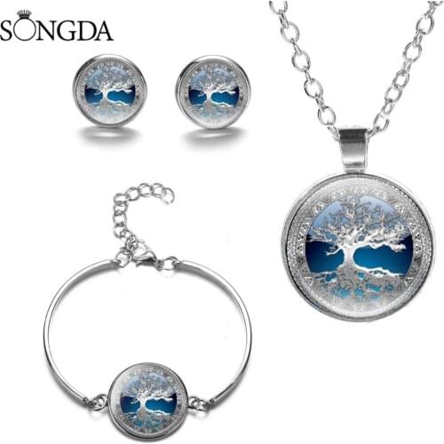Charm Tree Of Life Talisman Jewelry Sets Round Glass Dome Time Gem Necklace Bracelet Earrings Sets Favorite Woman Jewelry Gift
