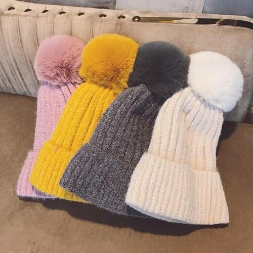 Thick woolen knitted hat winter pom pom hat Fleece Lined sweet cute hair ball plus velvet warm hat womens comfortable hat