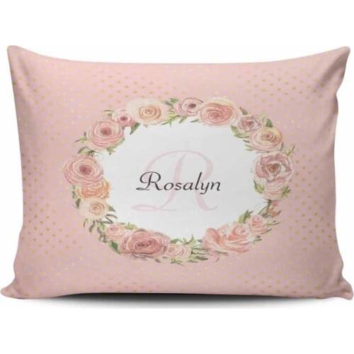 Bedroom Custom Decor Romantic Pink Dotted Rose Floral Monogrammed Name Round Pillowcase Soft Zippered White Pillow Cover Cushio