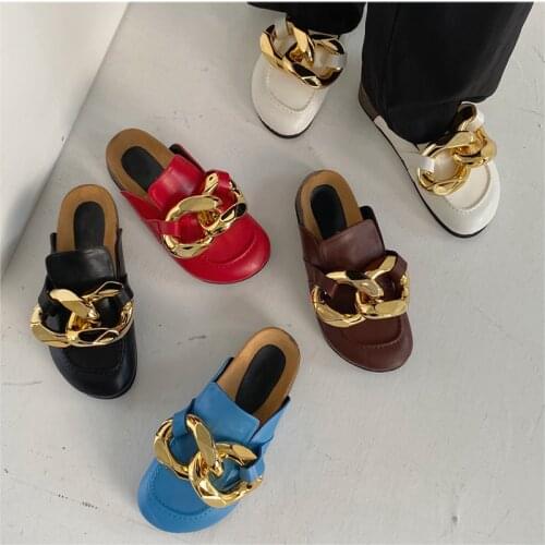 New Brand Design Gold Chain Women Closed Toe Slip On Mules Shoes Round Toe Low Heels Casual Slides
