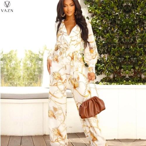 VAZN 2021 Autumn Latest Style High-end Chiffon Young Sexy Office Lady Full Sleeve V-Neck Long Wide Leg Pants Women Jumpsuit