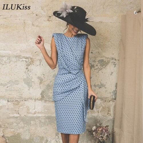 2021 Fashion Women Summer Midi Dress Sleeveless Polka Dot Print Slim Patchwork O Neck White Blue Tank Dresses Elegant Vestidos