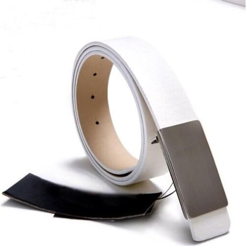 2PCS Fashion Mens White PU Leather Belt Smooth Buckle Waistband #23588