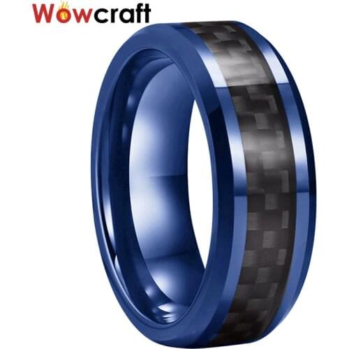 8mm Tungsten Carbide Ring for Men Women Black Carbon Fiber Inlay Beveled Blue Wedding Band Polished Finish with Comfort Fit
