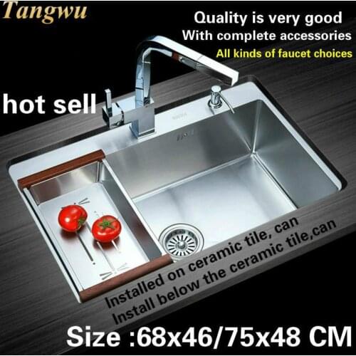 Free shipping Standard luxury kitchen manual sink single trough big durable food-grade stainless steel hot sell 68x46/75x48 CM