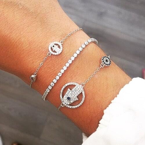 100% 925 sterling silver simple girl women cute jewelry bezel cz cute hamsa hand connector delicate fine silver chain bracelets