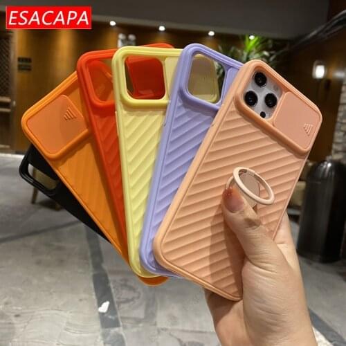 For iphone 12 Pro max Case Solid Color Slide Camera Lens Protector Phone Case For iphone 11 12 XR X Ring Holder Stand Soft Cover