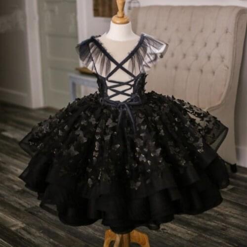 Black Butterfly Applique Girls Gowns Spaghetti Strap Lace Up Back Puffy Dresses Tutu Gowns Girl Ballet Dance Gowns Pageant Gowns
