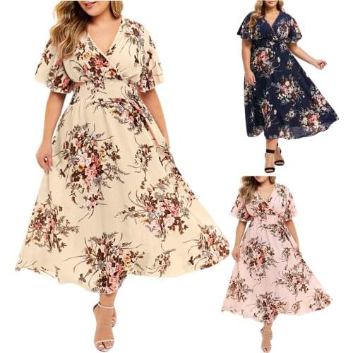 &35 Floral Dress Plus Size Fashion Women Dresses Floral Printed V-Neck Short Sleeve Casual Dress Robe Femme Ete 2018 long dress