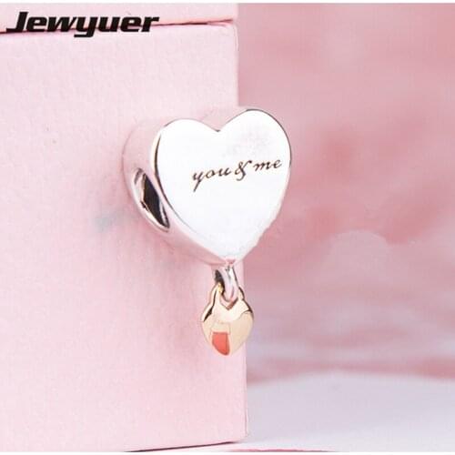 Valentines Day S925 Two Hearts Dangle charms with gold heart fit 925 sterling silver bracelets necklaces DIY fine jewelry GD124