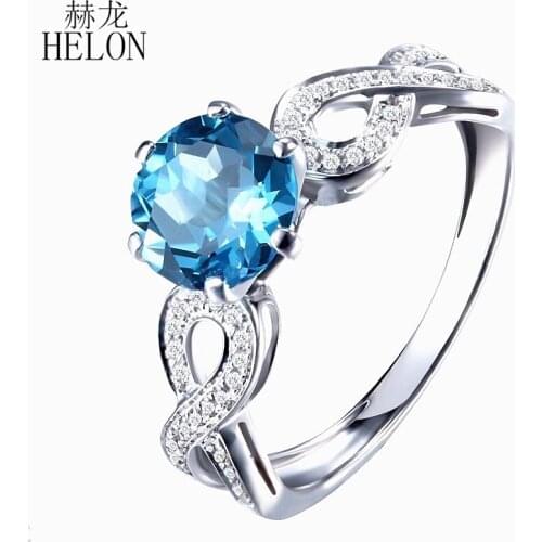 HELON Solid 10K White Gold Certified Round 7mm Natural Blue Topaz Diamonds Engagement Wedding Ring For Women Trendy Fine Jewelry