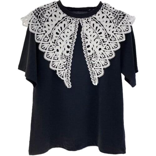 Summer Womens Loose Short-sleeved T-shirt Fashion Sweet Lace Turn-down Collar Short-sleeved Woman T-shirt Female Tops GD390