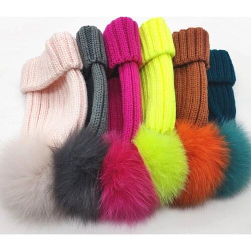 Hot Winter Big Real fox Fur Pompoms Knitted Beanies Caps New Thick Warm Knit Hats Gorras For Girls Women Boys kids hat