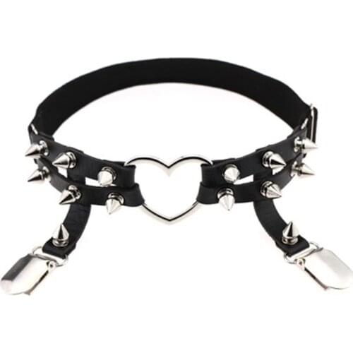 Fashion Women Handmade Leather Belt with Pointed Rivets Punk Nightclub Show Peach Heart Leg Ring Garter Accessories