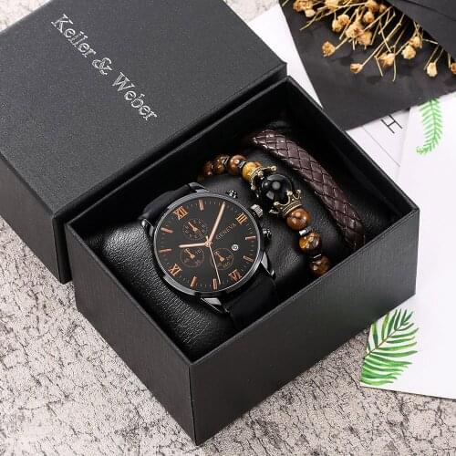 Men Watch Bracelet 3Pcs Set Luxury Calendar Watches Fashion PU Leather Analog Clock Business Wristwatches For Mens Dropshipping