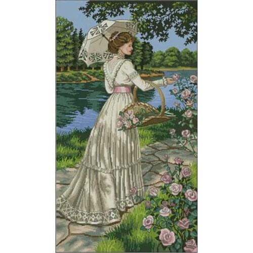 Woman picking flowers patterns counted 11CT 14CT 18CT DIY Cross Stitch Sets wholesale Cross-stitch Kits Embroidery Needlework