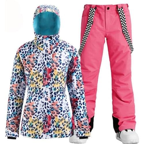 New Fashion Leopard Womens Snow Suit Wear Snowboard Clothing Waterproof Costumes Winter Outdoor Skiing Jacket + Bib pant Female