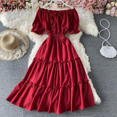 Neploe French Style Pleated Slim Waist Women Dresses Slash Neck Off-shoulder Vestidos Mujer 2021 Summer New A-line Solid Robe