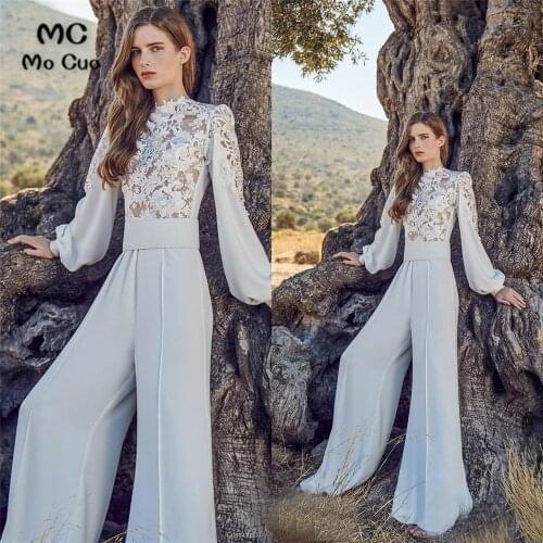 Chic Sheer Lace White Women Evening Prom Dresses Jumpsuits Long Sleeves Prom Gown Chiffon Evening Dress Plus Size