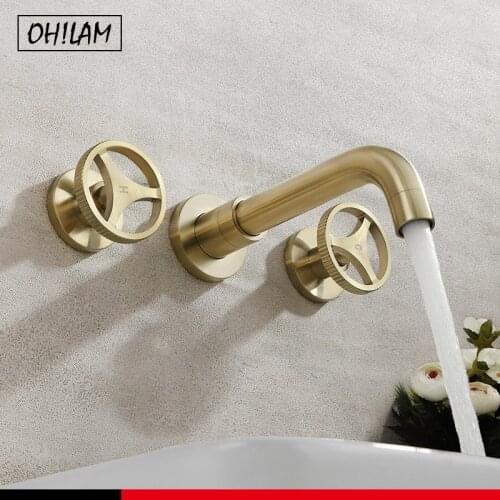 Industrial Wall Mount Bathroom Sink Tub Faucet Brushed Gold 2 Wheel Handles Rough-in Valve Swivel Spout Mixer Taps Solid Brass