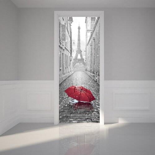 Modern Fashion 3D Door Sticker Wall Decal Mural Wallpaper Eiffel Tower Peel and Stick Vinyl Door Mural for Home Decor Removable
