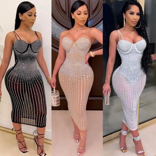 Rhinestones Dress for Women Sexy Sleeveless Strapless Party Club Bodycon Skirt Outdoor Black Dress Long Dress