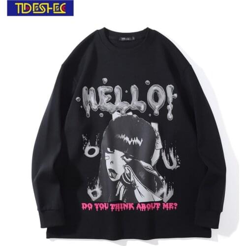 Hip Hop Harajuku Anime girl Print Pullover Sweatshirt Streetwear Pullover 2021 Men Cotton Casual Autumn Sweat Shirt Black