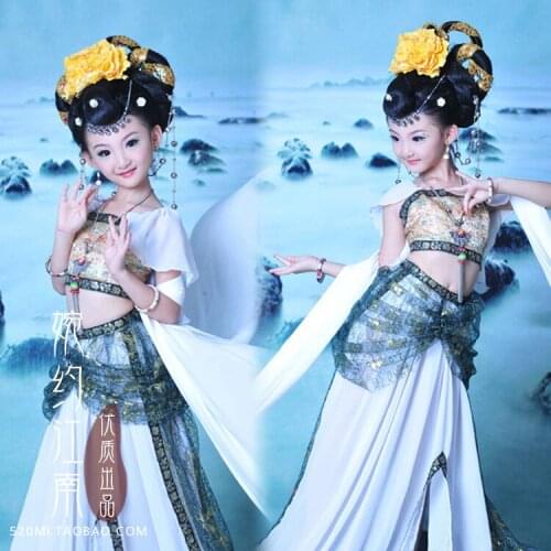Xijiangyue Dunhuang White Flying Fairy Kids' Dance Costume Photography Costume for Childrens Day Stage Show Clothing
