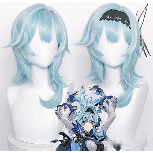 Genshin Impact Eula Cosplay Wig Women 48cm Short Wig Blue Wig Cosplay Anime Cosplay Wigs Heat Resistant Synthetic Wigs Halloween
