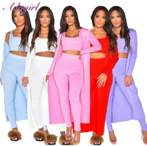 Rib Knitted 3 Piece Set Women 2021 Casual Solid Long Sleeve Cover Coat Tank Crop Top Legging Pants Suit Autumn Outfit Tracksuit