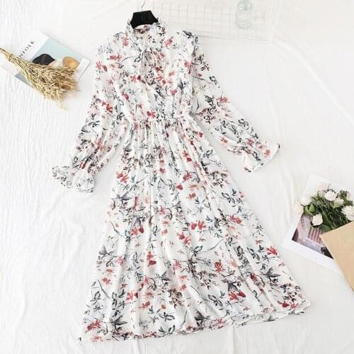 Women Dress 2020 Spring Summer Korean Fashion Vintage Floral Print Chiffon Midi Dress Ladies Elegant Dresses Clothes