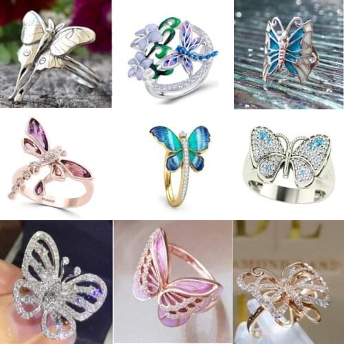 Boho Vintage Silver Plated Angel Wings Ring for Womens Gothic Punk Steampunk Heart Butterfly Skull Ring Party Gift Jewelry 2021