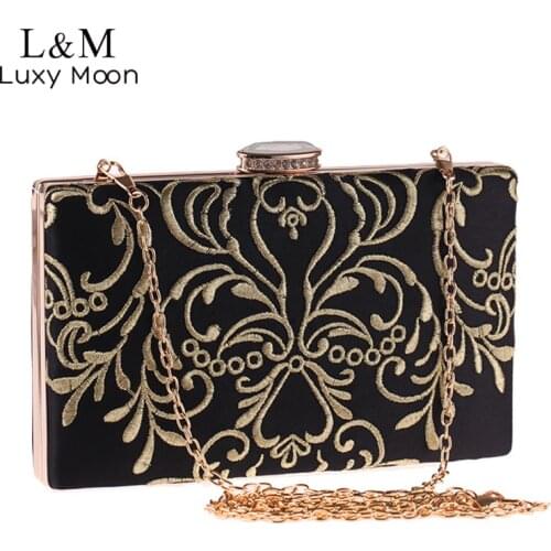 2021 Women Clutch Wedding Bag Elegant Satin Embroidery Black Handbag Female Fashion Party Chain Shoulder Bag Sac A Main X354H