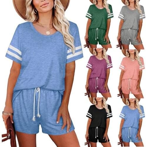 2021New WomenS Striped T-Shirt Pocket Shorts Casual Two-Piece Spring And Summer Home Wear Sportswear Stitching Suit Women