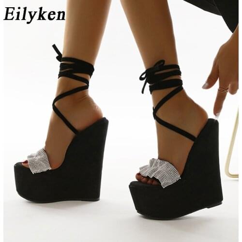 Eilyken Ultra High Heels Sandals Women Fashion Crystal Rhinestone Pleated Flock Open Toe Ankle Lace Up platform Wedge Shoes