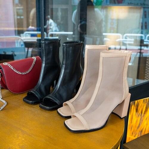 Women Sandals Ankle Boots Peep Toe Short Booties Summer Thick Square Toe High Heels Patent Leather Back Zipper Air Mesh Beige