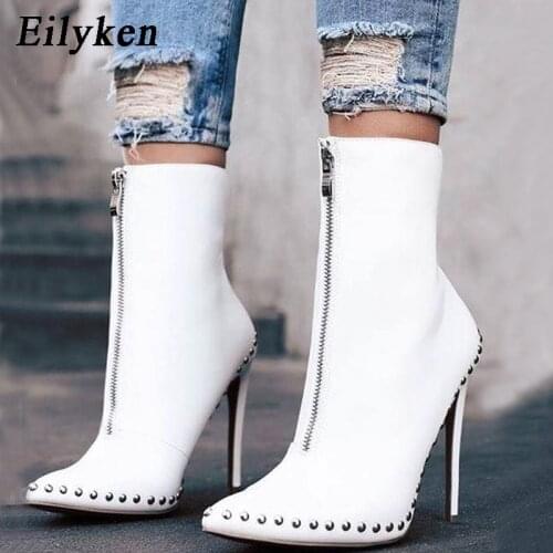 Eilyken 2021 New Design Women Rivet Boots Pointed Toe High Boots High Heel Ankle Boots Women Pumps Motorcycle Bootas mujer