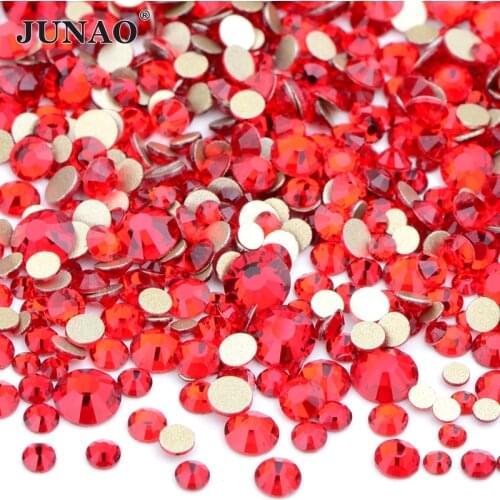 JUNAO 1400pc Mixed Size Red Flatback Glass Rhinestone 3D Nail Art Decoration Crystal Stickers Strass Diamond For Manicure Crafts