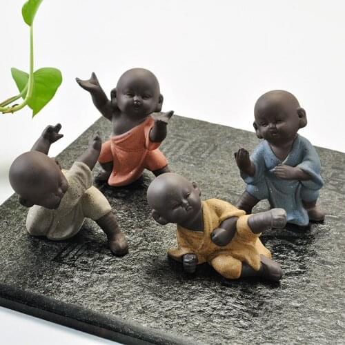 Chinese kungfu boy tea pet creative purple clay tea pet table decoration yixing zisha tea play monk statue small size posture