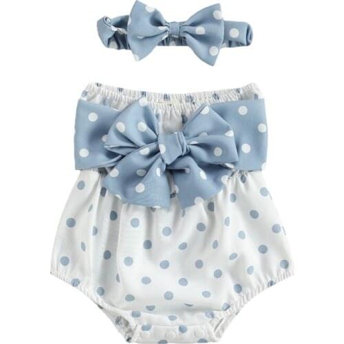 Cute 2Pcs Newborn Bowknot Outfits, Baby Girl Strapless Polka Dot Print Boat Neck Romper + Headband 0-18Months