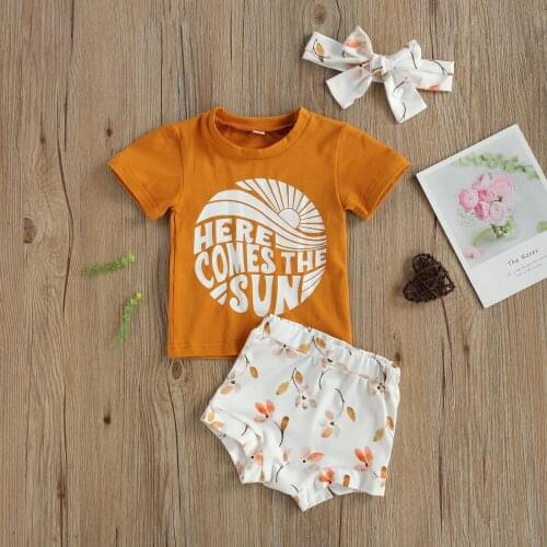 Summer Lovely Baby Girls Boys Clothes Sets 3pcs Short Sleeve Letter Print T Shirts Tops Floral Shorts Headband