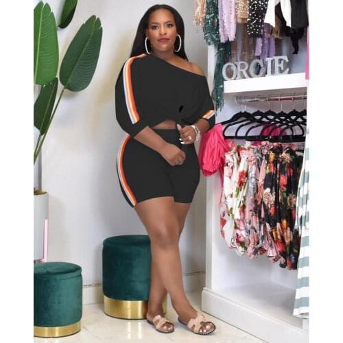 Summer Sexy Plus Size Casual Outfit Single Shoulder Long Sleeve T Shirt Top Irregular Hem+Loose Trouser Workout Sporty Shorts